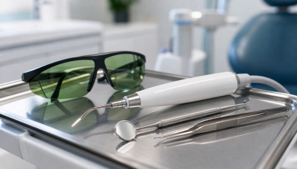 Dental laser handpiece and protective eyewear prepared for periodontal care