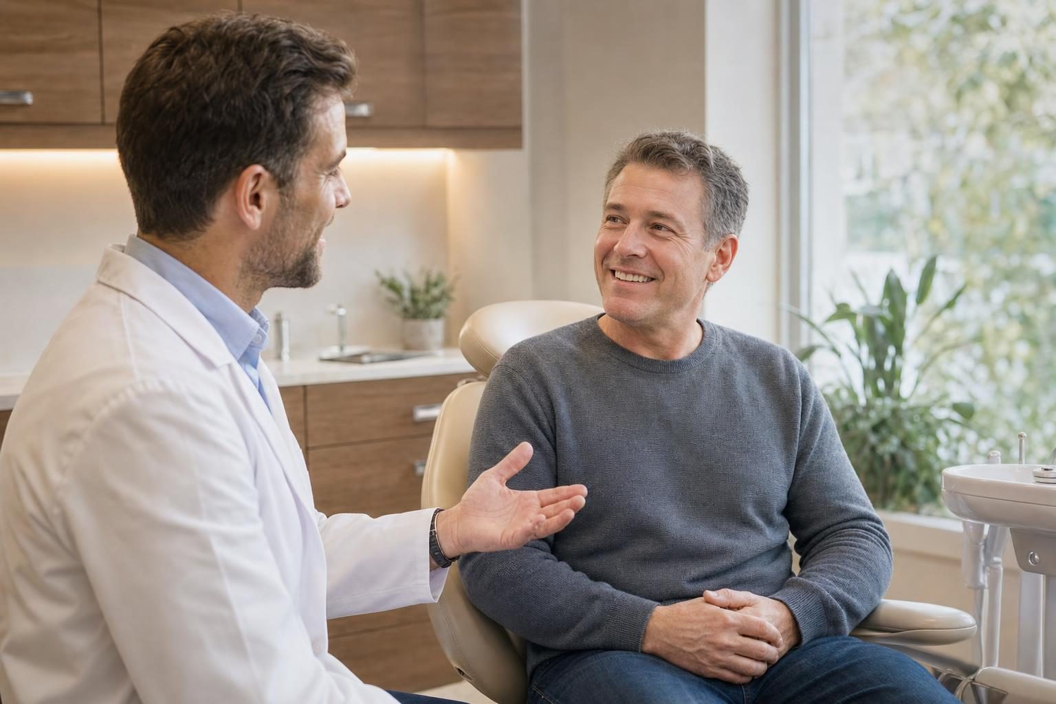 Dentist talking with a smiling patient seated in a dental chair