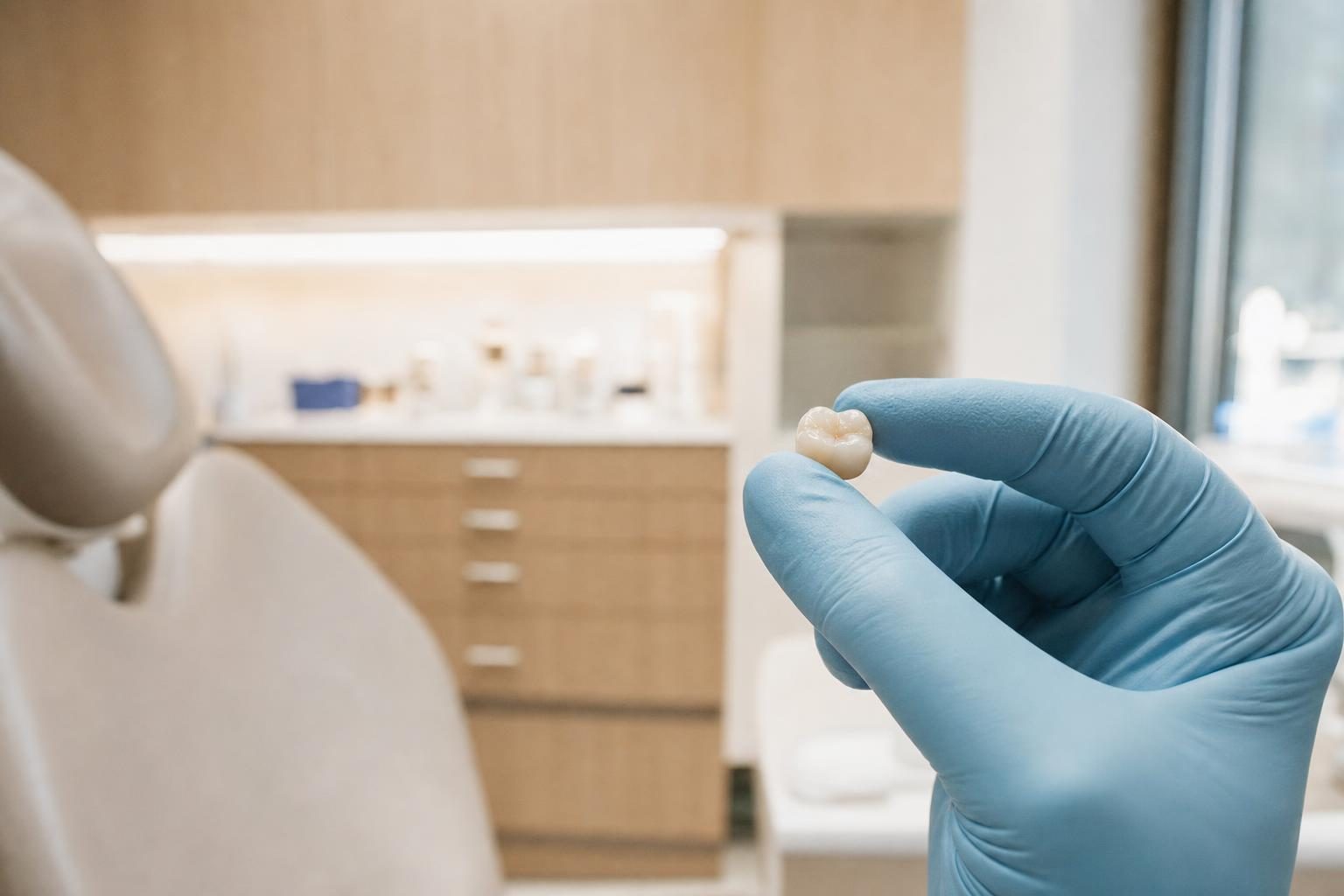 Gloved hand holding a tooth-coloured ceramic dental crown in a dental operatory